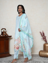 Celeste Blue floral print kantha work kurta set